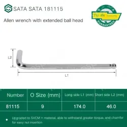 Extended ball head hex wrench 9mm 81115